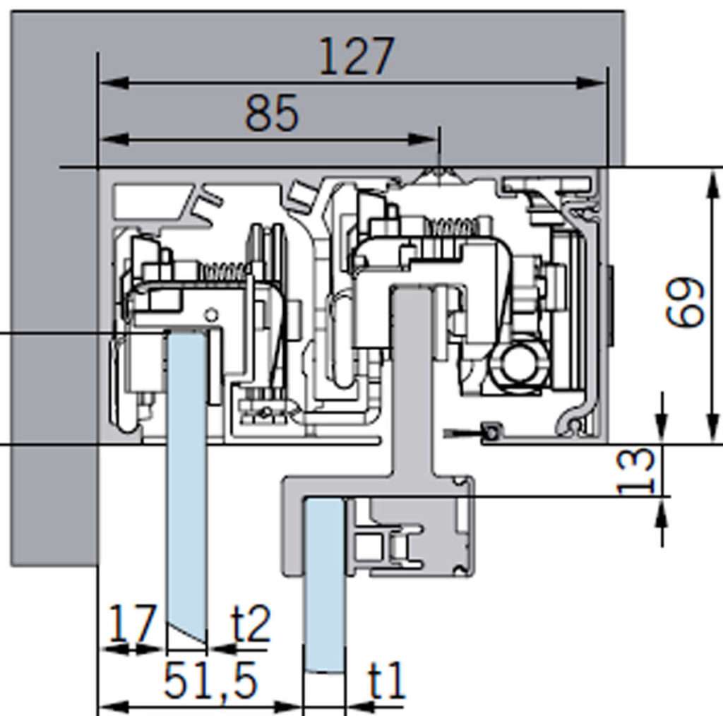 Muto Telescopic 80 Premium Glasschiebetürsystem mit Teleskopfunktion von dormakaba, Profilquerschnitt - beta.ganzglastuere.de