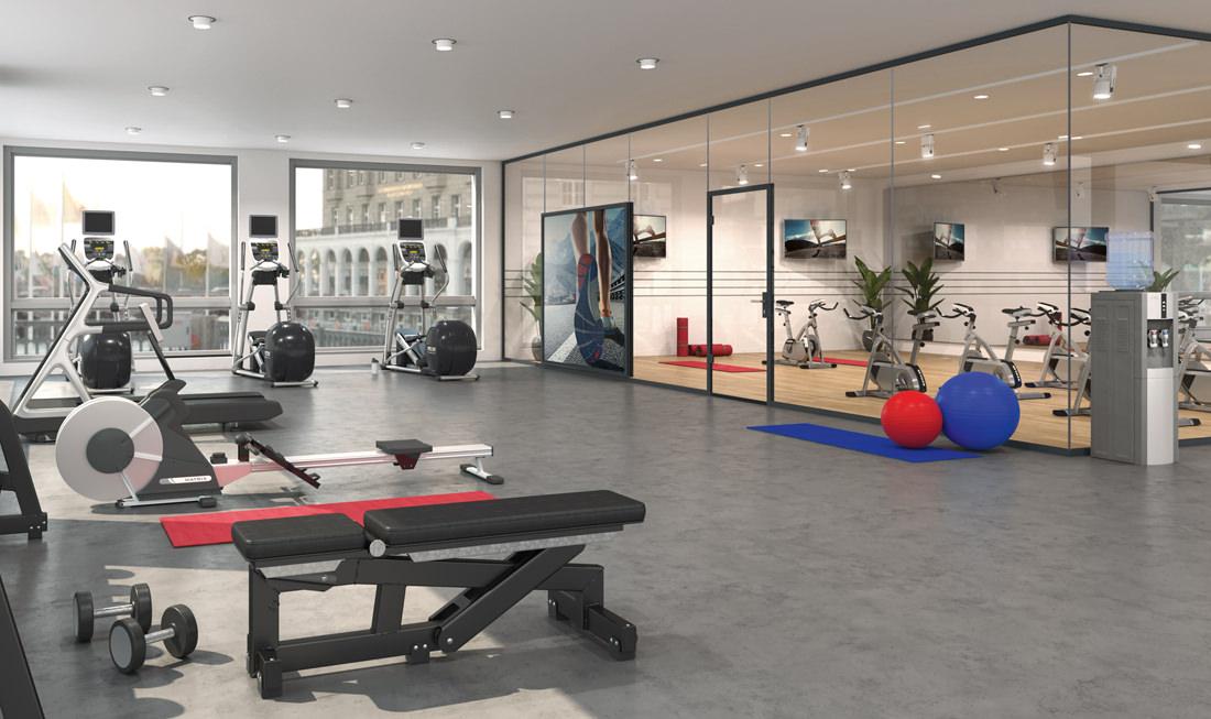 Uniquin Glasanlagen Glastrennwandsystem von dormakaba, Design und Schallschutz z.B. im Fitnessstudio - beta.ganzglastuere.de